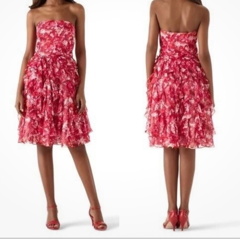 White House Black Market Strapless Red Floral Ruffle Dress